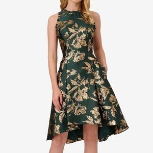 NWT! Adrianna Papell High-Low Jaquard Dress in Green and Gold